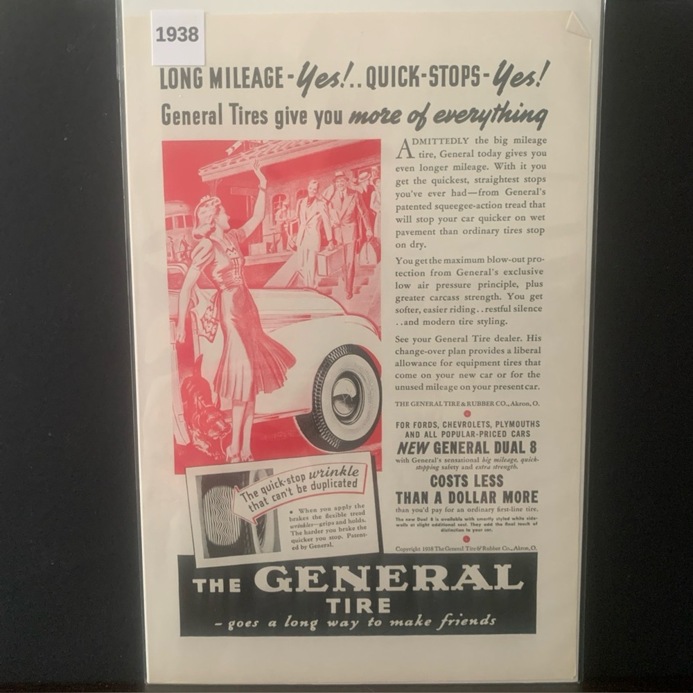 Vintage 1938 General Tire Long Mileage Quick Stops Ad Advertisement
